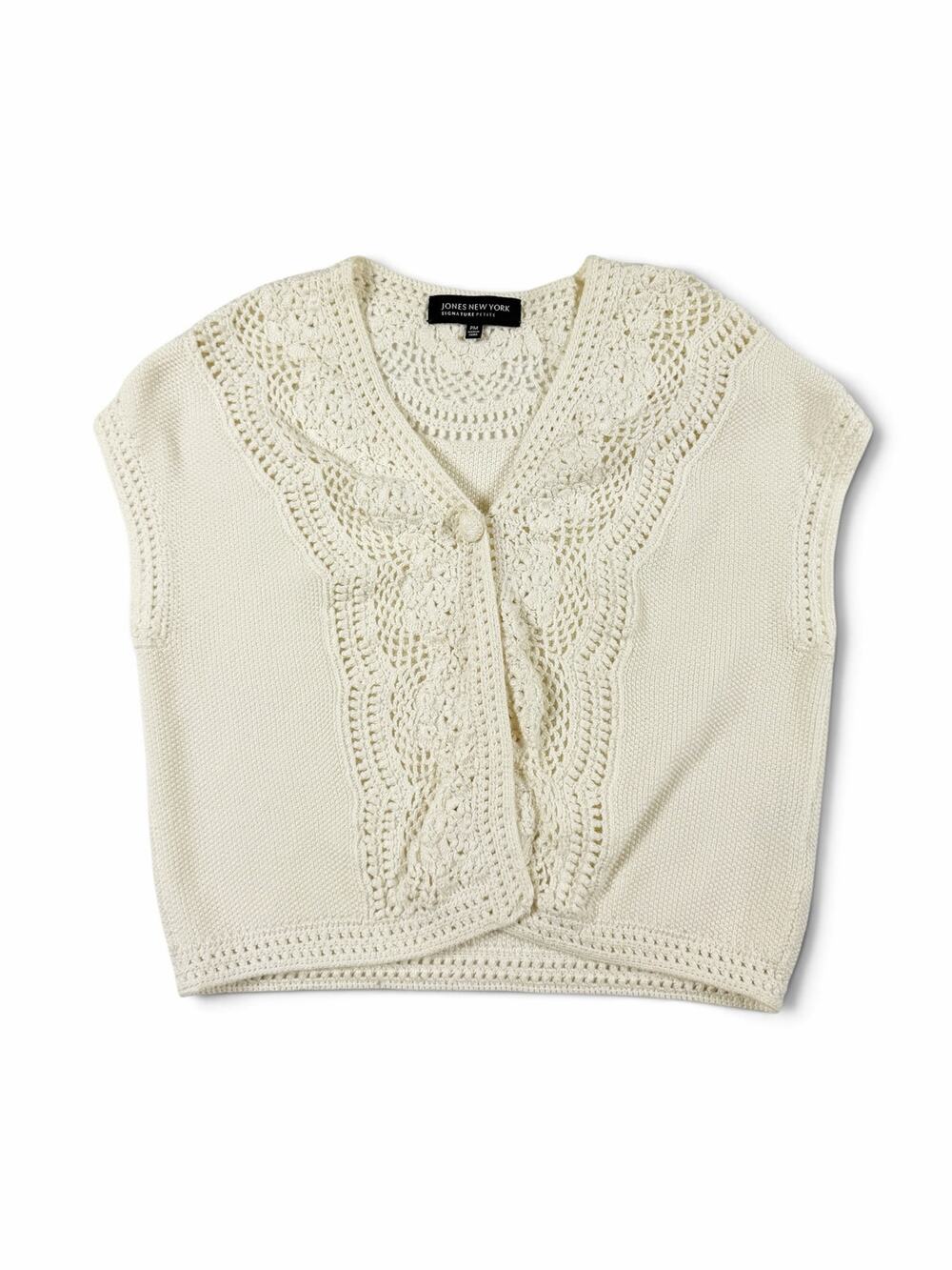 Jones New York Women’s Crochet Knit Cotton Cardigan Ivory Petite Medium PM